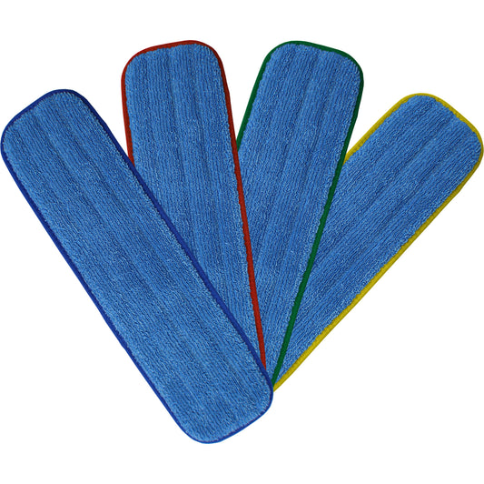Included in the Microfiber Flat Mop System Kit: 18 inch standard loop pile microfiber mop pads in four binding colors